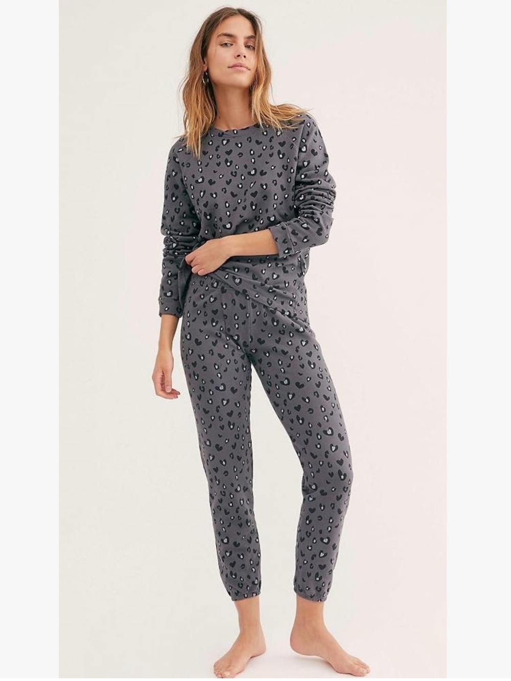 MONROW SET Heart Leopard Elastic Waist Set Sweatsuit Joggers and Crewneck sz XS